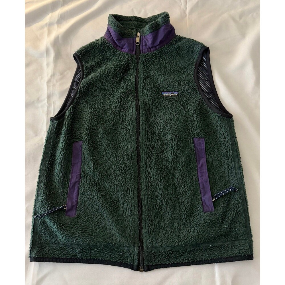 Vtg 90s Patagonia Fleece Vest Men Size S Purple Green Full Zip Deep Pile USA